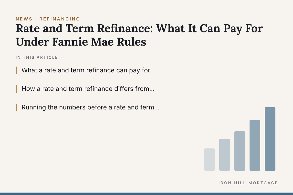 Branded Iron Hill Mortgage graphic for "Rate and Term Refinance: What It Can Pay For Under Fannie Mae Rules", listing the topics covered: What a rate and term refinance can pay for; How a rate and term refinance differs from cash-out; Running the numbers before a rate and term refinance.